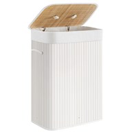 Kosz na pranie bambusowy biały stojącyBambusowy kosz na pranie w kolorze białym z pokrywą i wyjmowanym bawełnianym workiem.