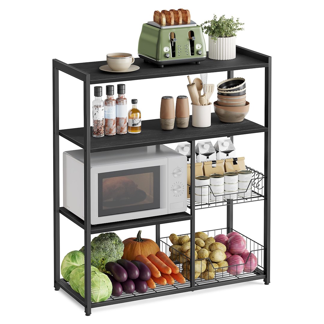 Czarny regał kuchenny z 2 koszami metalowymi