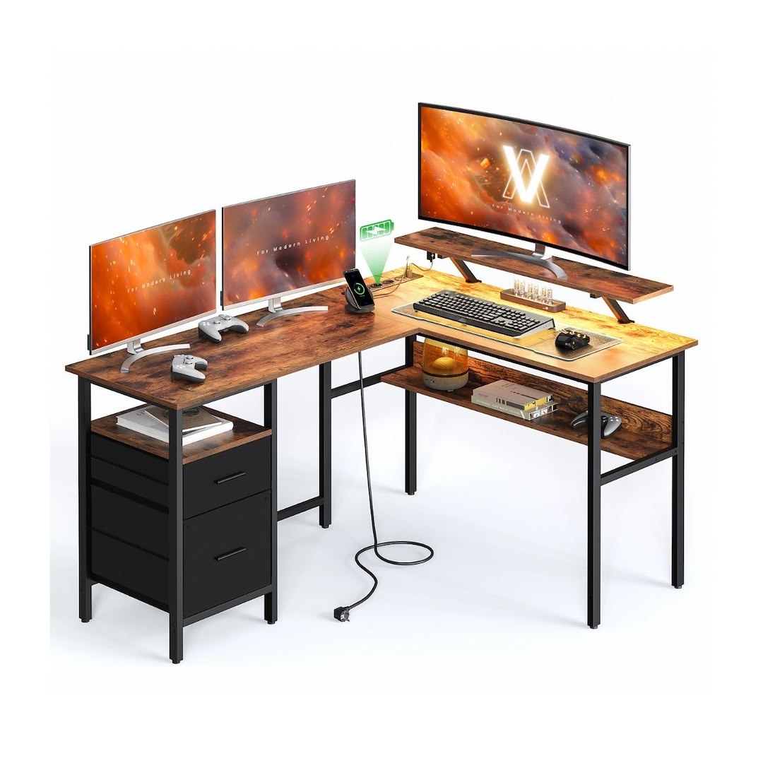 Narożne biurko z oświetleniem LED brąz owe