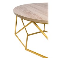 Stolik kawowy Diamond 70 złoty c.dąb Konstrukcja lakierowana na złoto, blat wykonany z płyty MDF w kolorze ciemny dąb, wysokość 40 cm, średnica 70 cm