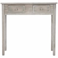 Konsola Charme Grey z 2 szufladami Wykonana z MDF-u w kolorze szarym z przetarciami, pełnić może także rolę toaletki lub małego biurka, mebel do samodzielnego montażu
