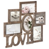 Ramka ścienna na 6 zdjęć Love brązowa W kolorze przecieranego drewna, przyozdobiona dekoracyjnymi wkładkami, na fotografie w formacie 10x10 cm (x2), 10x15 cm (x3) i 9x14 cm (okrągła ramka)