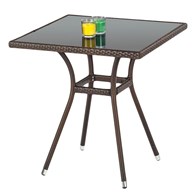 Ogrodowy stół Mobil ze szklanym blatem Konstrukcja stolika wykonana z rattanu syntetycznego w kolorze ciemnobrązowym, blat czarny, szklany o wymiarach 70x70 cm