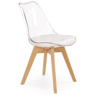 Krzesło K246 transparentne Białe siedzisko wykonane z eco skóry, nogi z litego drewna w kolorze buk, mebel do samodzielnego montażu