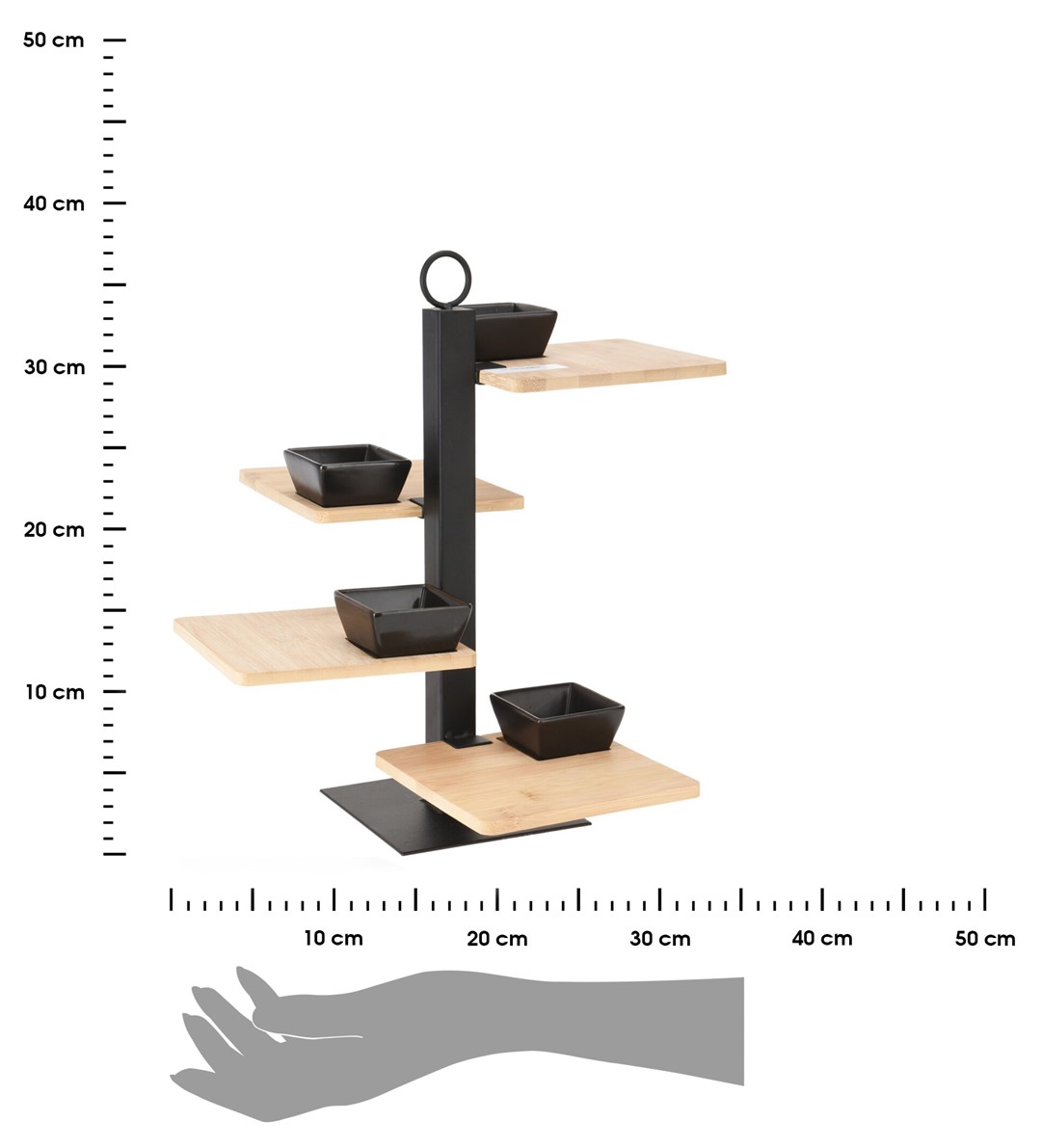 Patera czteropoziomowa z miskamiNowoczesna 4-piętrowa patera na ciasto, muffinki, sery, owoce z 4 ceramicznymi miseczkami, wysokość: 37 cm