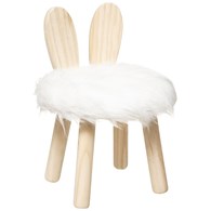 Stołek dziecięcy RabbitStołek z miękkim siedziskiem obitym białym futerkiem, oparcie w formie króliczych uszu, krzesełko wykonane z drewna i MDF