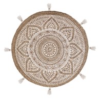 Okrągły dywan jutowy Rosalie 78 cm Beżowy dywan ozdobiony etnicznymi wzorami oraz frędzlami, doskonały jako uzupełnienie aranżacji w stylu boho