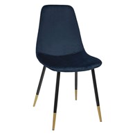 Krzesło Tyka Velvet niebieskie Obicie wykonane z miękkiego i przyjemnego w dotyku materiału, metalowe nogi w kolorze czarnym ze złotymi zakończeniami, stylowo prezentujące się krzesło do salonu lub jadalni