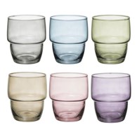 Komplet 6 kolorowych szklanek 280 ml Zestaw szklanek wykonanych z odpornego szkła, sprawdzi się do serwowania zimnych napojów i drinków