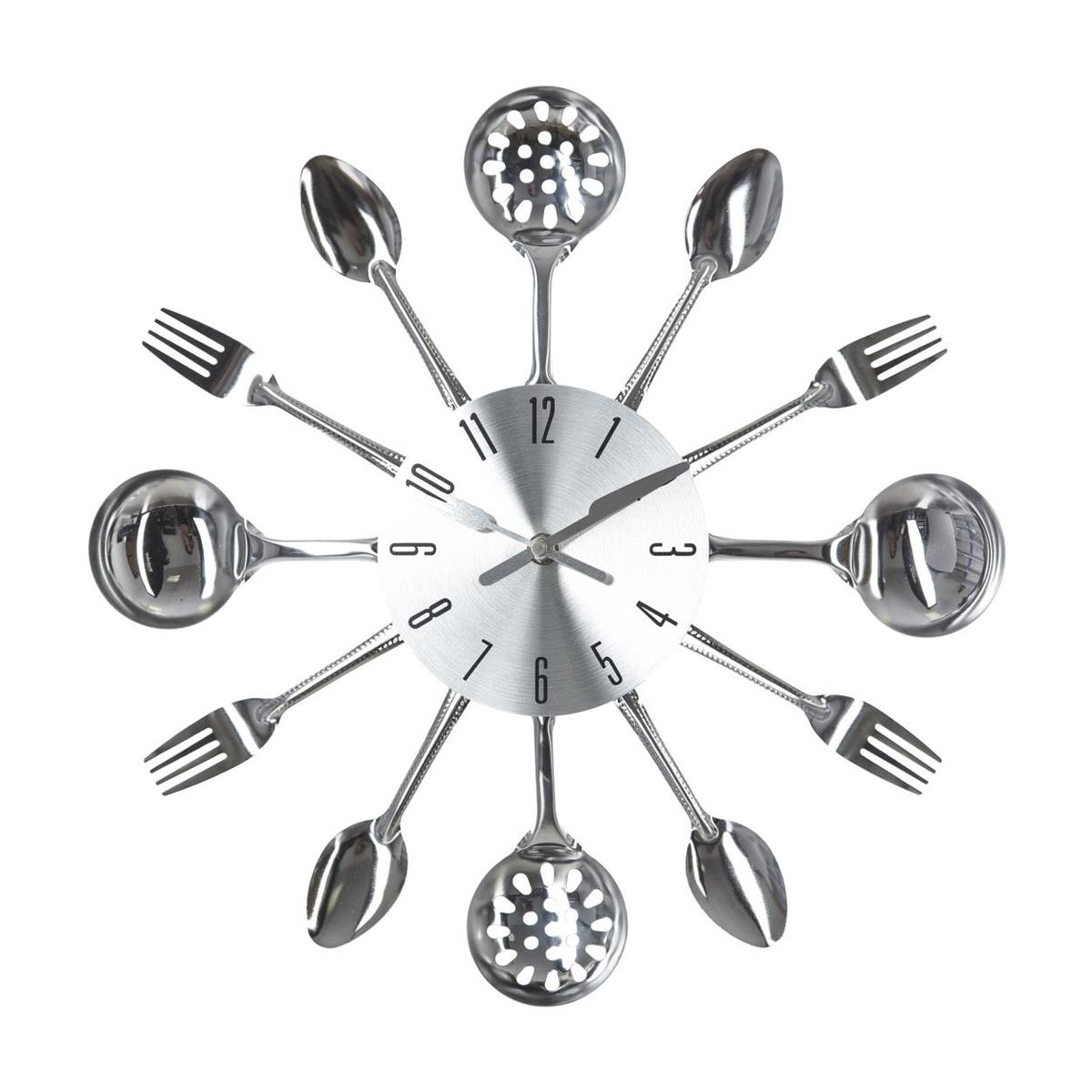 Zegar ścienny Cutlery 38 cm Wykonany z metalu, okrągła tarcza w otoczeniu połyskujących sztućców, idealny do wnętrz urządzonych w stylu nowoczesnym i glamour