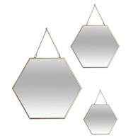 Komplet 3 złotych luster sześciokątnych Rama wykonana z metalu, każde lustro w innym rozmiarze, nowoczesny kształt
