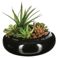 Sztuczne rośliny kompozycja w donicy Efektownie prezentująca się kompozycja kwiatowa składająca się ze sztucznych sukulentów, całość umieszczona w czarnej ceramicznej donicy