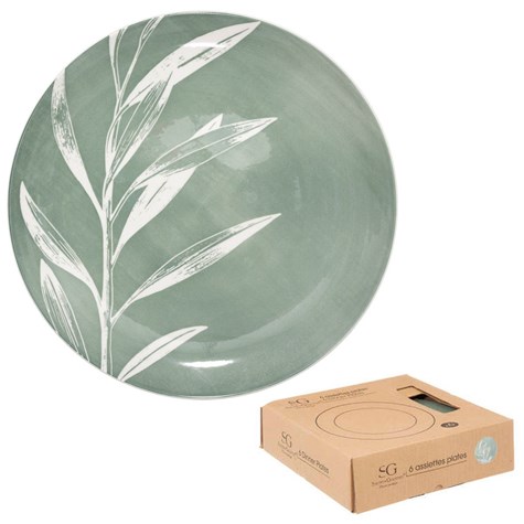 Komplet 6 talerzy obiadowych Green 26 cm Okrągłe talerze obiadowe wykonane z porcelany w kolorze zieleni, ozdobione motywem liści, średnica 26,5 cm