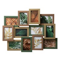 Ramka ścienna na 12 zdjęć JuliaWykonana z MDF-u w odcieniach zieleni, przyozdobiona dekoracyjnymi wkładkami, na fotografie w formacie 10x15 cm