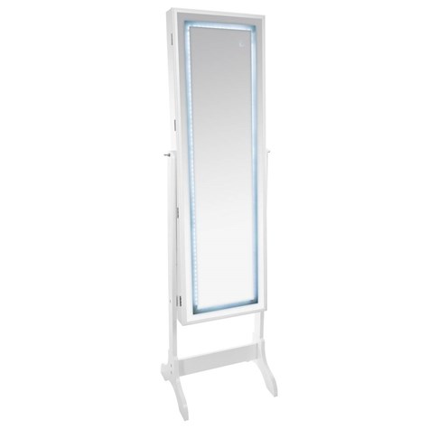 Lustro LED ze schowkiem na biżuterięDuże lustro stojące, posiada otwieraną ramę ze schowkiem na biżuterię, dodatkowo rama wyposażona jest w światełka LED