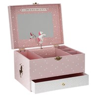 Kuferek na biżuterię z pozytywką Kartonowy, w kolorze różowym, wyposażony w 5 przegródek i lusterko, zamykany na zamek