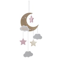 Ozdobna zawieszka dla dziecka Pink Moon Dekoracja do zawieszenia w pokoju dziecka, z motywem złotego księżyca, chmurek oraz gwiazdek
