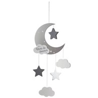 Ozdobna zawieszka dla dziecka Grey Moon Dekoracja do zawieszenia w pokoju dziecka, z motywem szarego księżyca, chmurek oraz gwiazdek