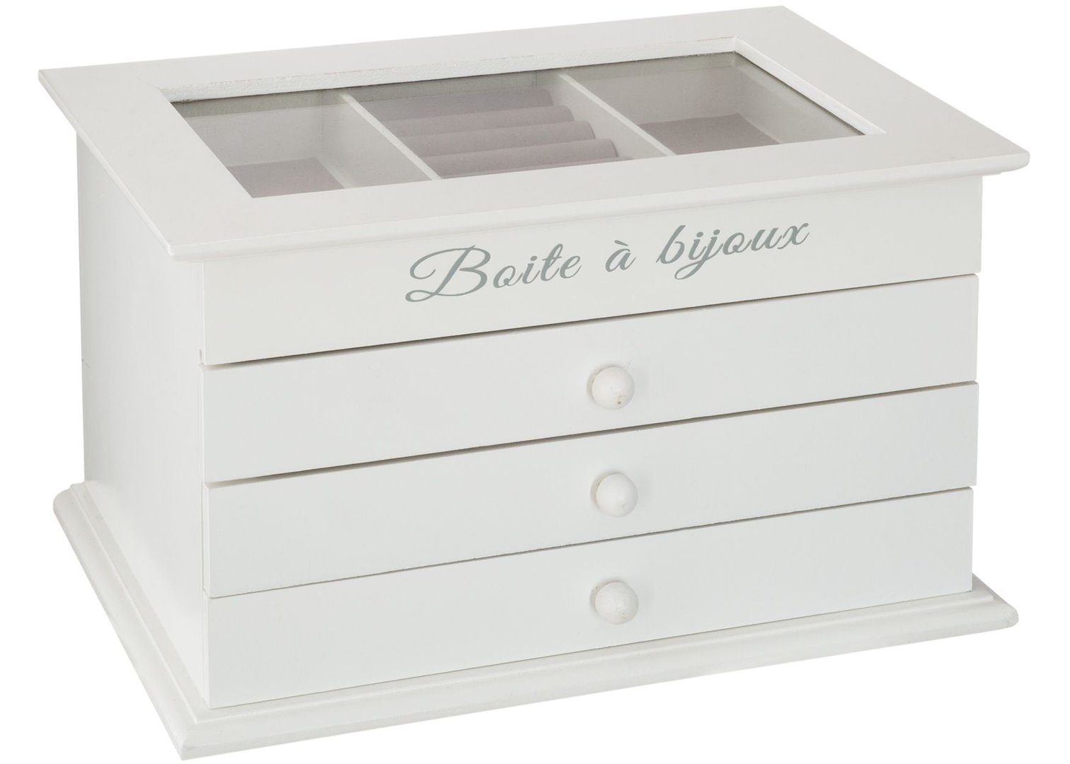 Szkatułka na biżuterię Boite a BijouxStylowy organizer na biżuterię oraz inne drobiazgi, wykonany z solidnego materiału w kolorze białym, wyposażony w przeszkloną pokrywę i szufladki