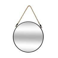 Okrągłe lustro ścienne na sznurze 38 cm Metalowa rama w kolorze czarnym, jutowy sznur, stylowy i funkcjonalny dodatek do wnętrz