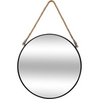 Okrągłe lustro ścienne na sznurze 55 cm Metalowa rama w kolorze czarnym, jutowy sznur, stylowy i funkcjonalny dodatek do wnętrz