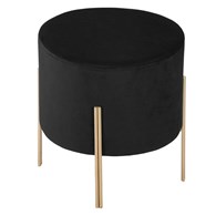 Pufa na złotych nogach Black Velvet Siedzisko wykonane z miękkiego i przyjemnego w dotyku materiału w kolorze czarnym, metalowa podstawa, funkcjonalny i stylowy dodatek do salonu