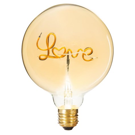 Żarówka LED Love 2W E27 Wykonana ze szkła o bursztynowej barwie, filament ułożony w napis Love, zakończona aluminiowym gniazdem pokrytym warstwą miedzi