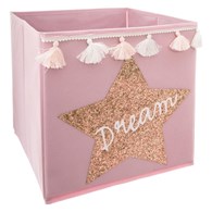 Kosz tekstylny na zabawki Dream cekiny W kolorze różowym z białymi frędzelkami, składany i wygodny w przechowywaniu, funkcjonalne uzupełnienie pokoju dziecięcego