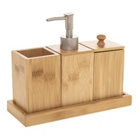 Komplet akcesoriów łazienkowych Terre Wykonany z drewna bambusowego, w skład wchodzi: dozownik na mydło, kubek na szczoteczki i pojemnik na płatki kosmetyczne, stylowy i minimalistyczny