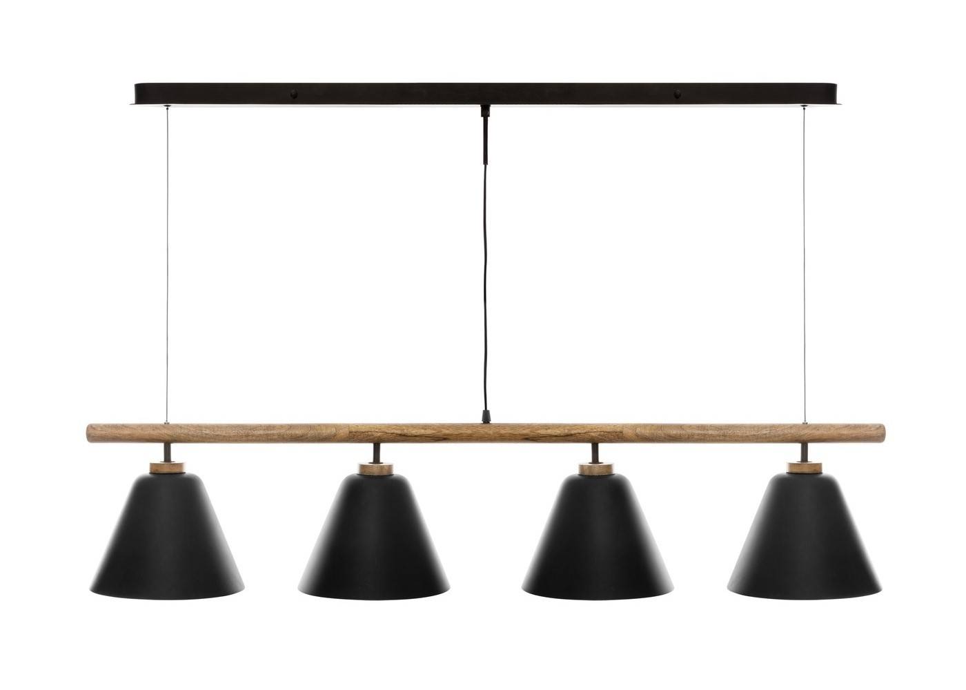 Lampa wisząca Judi Black 132 cm Wyposażona w 4 metalowe klosze w kolorze czarnym, poprzeczka z drewna mango, funkcjonalny oraz stylowo wyglądający dodatek do wnętrz