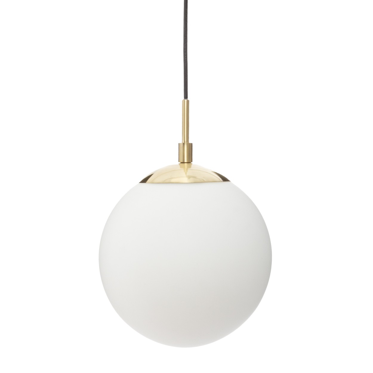 Lampa wisząca Dris ze szklanym kloszem Klosz wykonana z białego szkła, ozdobiona złotymi dodatkami, minimalistyczny i nowoczesny design