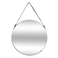 Okrągłe lustro ścienne na pasku 38 cm Metalowa rama w kolorze czarnym, pasek z eko skóry, stylowy i funkcjonalny dodatek do wnętrz