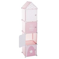 Składana szafka do pokoju dziecka różowa Złożona z 4 kwadratowych bloczków ułożonych jeden na drugim, fronty ozdobione dekoracyjnym nadrukiem, funkcjonalny i stylowy dodatek