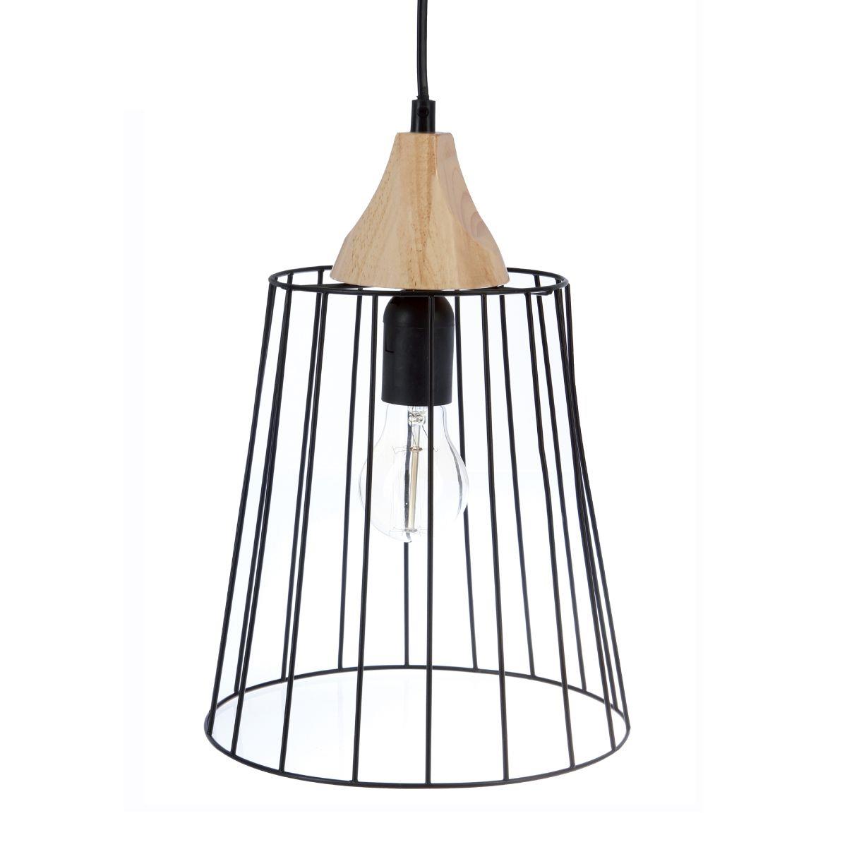 Lampa wisząca Nut druciana 23 cm Wykonana z metalu w kolorze czarnym, wykończona od góry drewnianym elementem, minimalistyczny i elegancki design