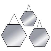 Komplet 3 czarnych luster sześciokątnychRama wykonana z metalu, każde lustro w innym rozmiarze, nowoczesny kształt