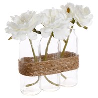 Sztuczne róże w butelce białe 3 sztuki Dekoracyjna kompozycja ze sztucznymi różami, ozdobne kwiaty umieszczone w butelkach, przewiązane konopnym sznurkiem