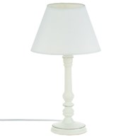 Drewniana lampka nocna Leo biała 36 cmFrezowana podstawa i tekstylny abażur, biała kolorystyka, idealny dodatek do salonu lub sypialni