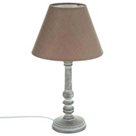 Drewniana lampka nocna Leo taupe 36 cmFrezowana podstawa i tekstylny abażur, beżowo szara kolorystyka, idealny dodatek do salonu lub sypialni
