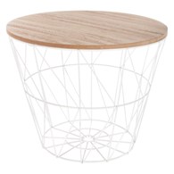 Druciany stolik kawowy Kumi biały Metalowa podstawa w kolorze białym, blat wykonany z płyty MDF o strukturze naturalnego drewna, funkcjonalny i stylowy dodatek do salonu