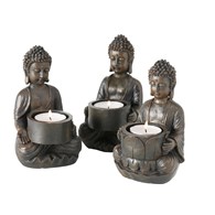 Komplet 3 świeczników na tealighty Budda W formie figurek Buddy, lakierowane na kolor brązowy, o wymiarach: 9x14 cm