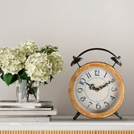 Zegar stojący 19 cm budzik metal drewno Zegar stołowy w formie budzika retro o średnicy 19 cm