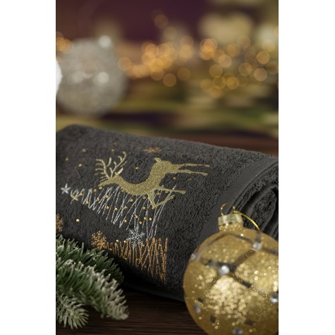 Ręcznik świątecznySANTA/20 70x140stalowy Świąteczny ręcznik bawełniany z wyhaftowanymi choinkami i reniferem