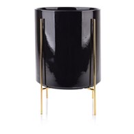 Doniczka na stojaku Neva czarna 34 cm Wykonana z ceramiki, metalowy stojak w kolorze złotym, idealna dekoracja każdego wnętrza czy tarasu