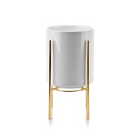 Doniczka na stojaku Neva biała 23,5 cm Wykonana z ceramiki, metalowy stojak w kolorze złotym, idealna dekoracja każdego wnętrza czy tarasu