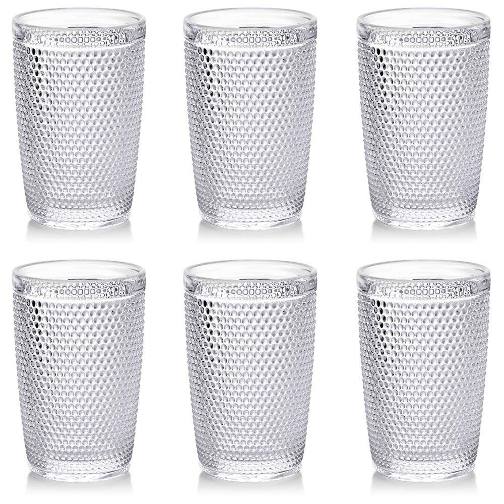 Komplet 6 szklanek Elise Clear 300ml Wykonane z niebarwionego szkła z pięknym tłoczeniem, przeznaczone do serwowania wody, soku i napojów, wysokość 12,8 cm