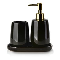 Komplet łazienkowy Cristie Duo Black W skład kompletu wchodzą dozownik na mydło w płynie lub balsam, mydelniczka (podstawka), kubek na przybory, całość wykonana z ceramiki w kolorze czarnym