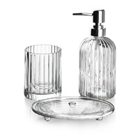 Komplet łazienkowy 3-elementowy Ari Silv W skład kompletu wchodzą dozownik na mydło w płynie lub balsam, mydelniczka (podstawka), kubek na przybory, całość wykonana ze szkła w kolorze srebrnym