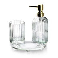 Komplet łazienkowy 3-elementowy Ari Gold W skład kompletu wchodzą dozownik na mydło w płynie lub balsam, mydelniczka (podstawka), kubek na przybory, całość wykonana ze szkła, złota pompka