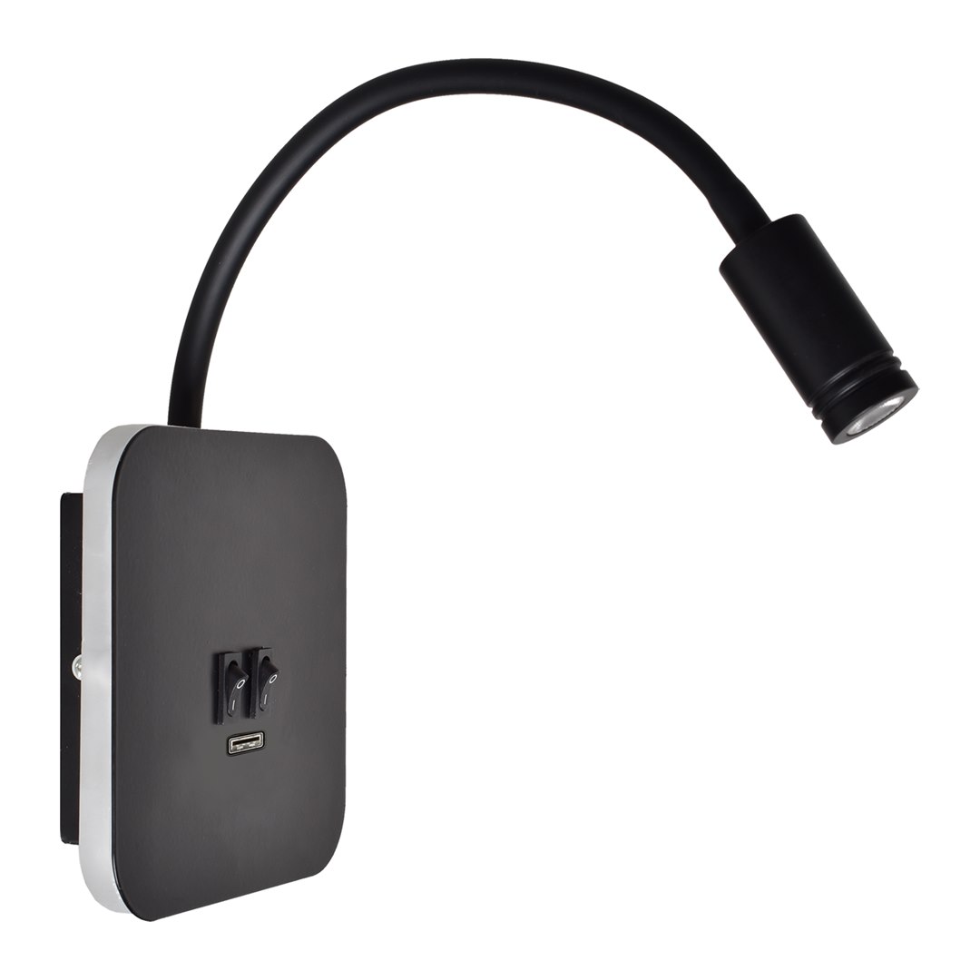 Kinkiet Regulowany BASE Czarny Ładowarka USB 8W+2W
