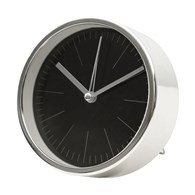Zegar stojący glamour srebrny 11 cm Elegancki, okrągły zegar z czarną tarczą i srebrnymi indeksami oraz obudową